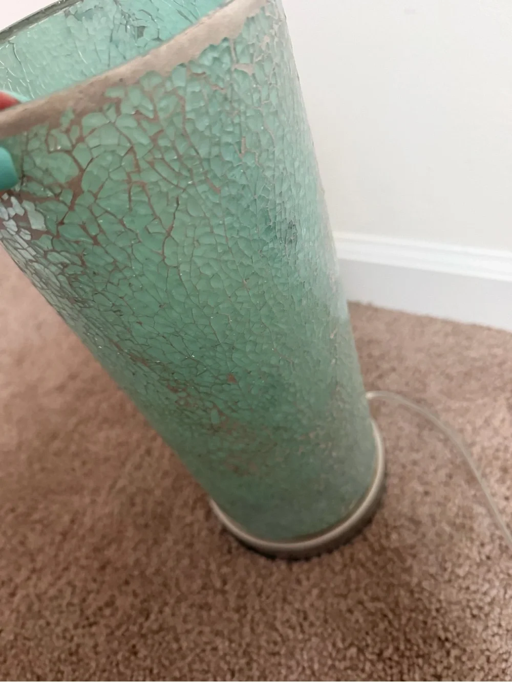 Turquoise Aqua Crackle Glass Cylinder Table Lamp Mid Century Style Light 13